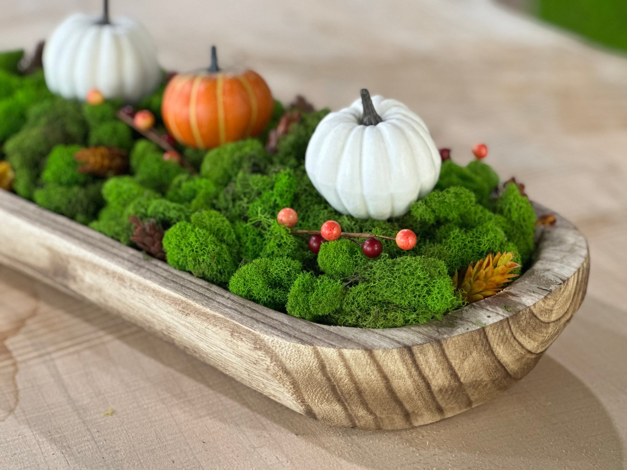 Carved Wooden Bowl Centerpiece with Lush Moss For Sale